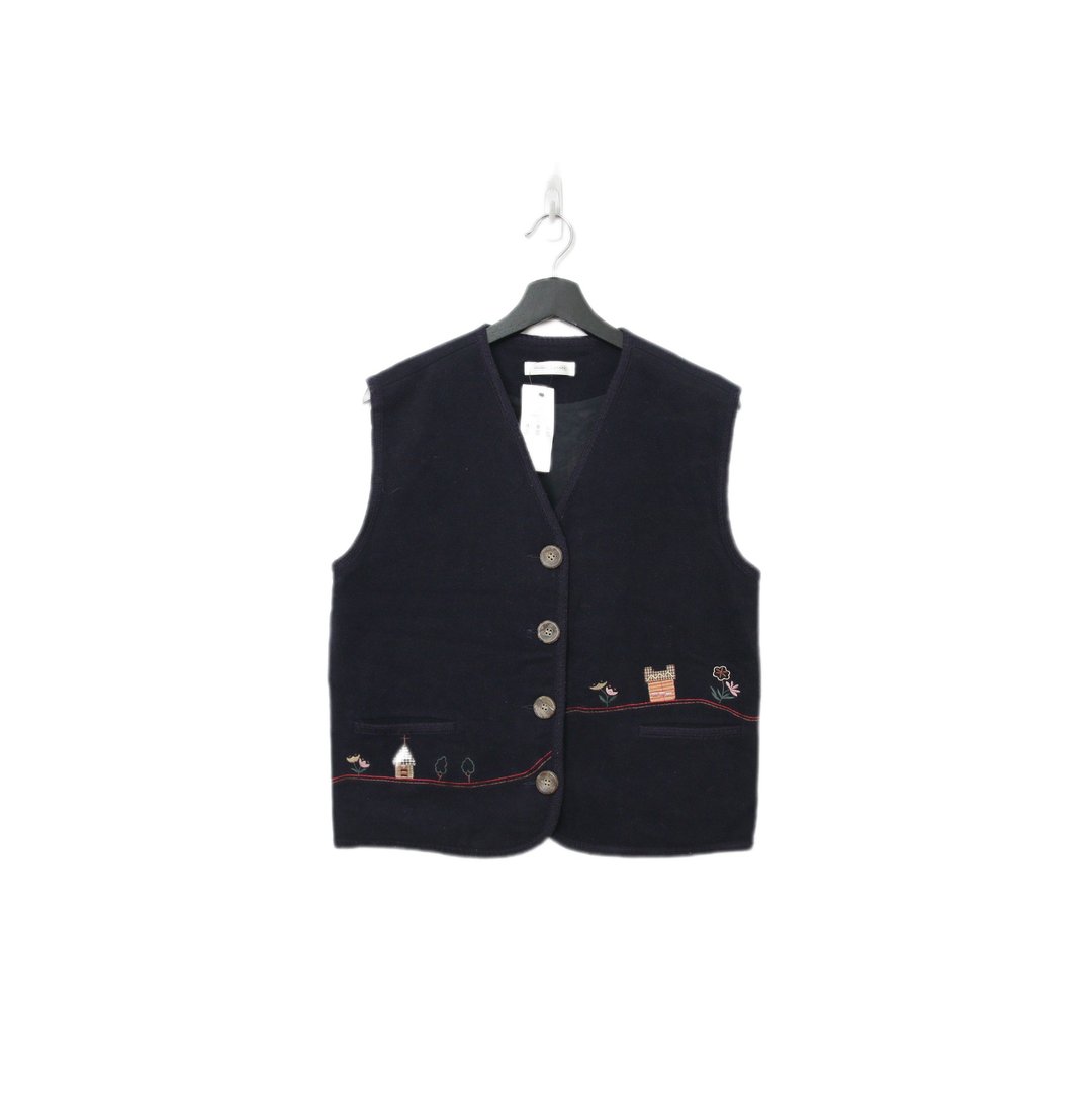 Back to Green-复古毛料背心 黑底 花与房屋 v-33/sweater vest - 女装背心 - 羊毛 