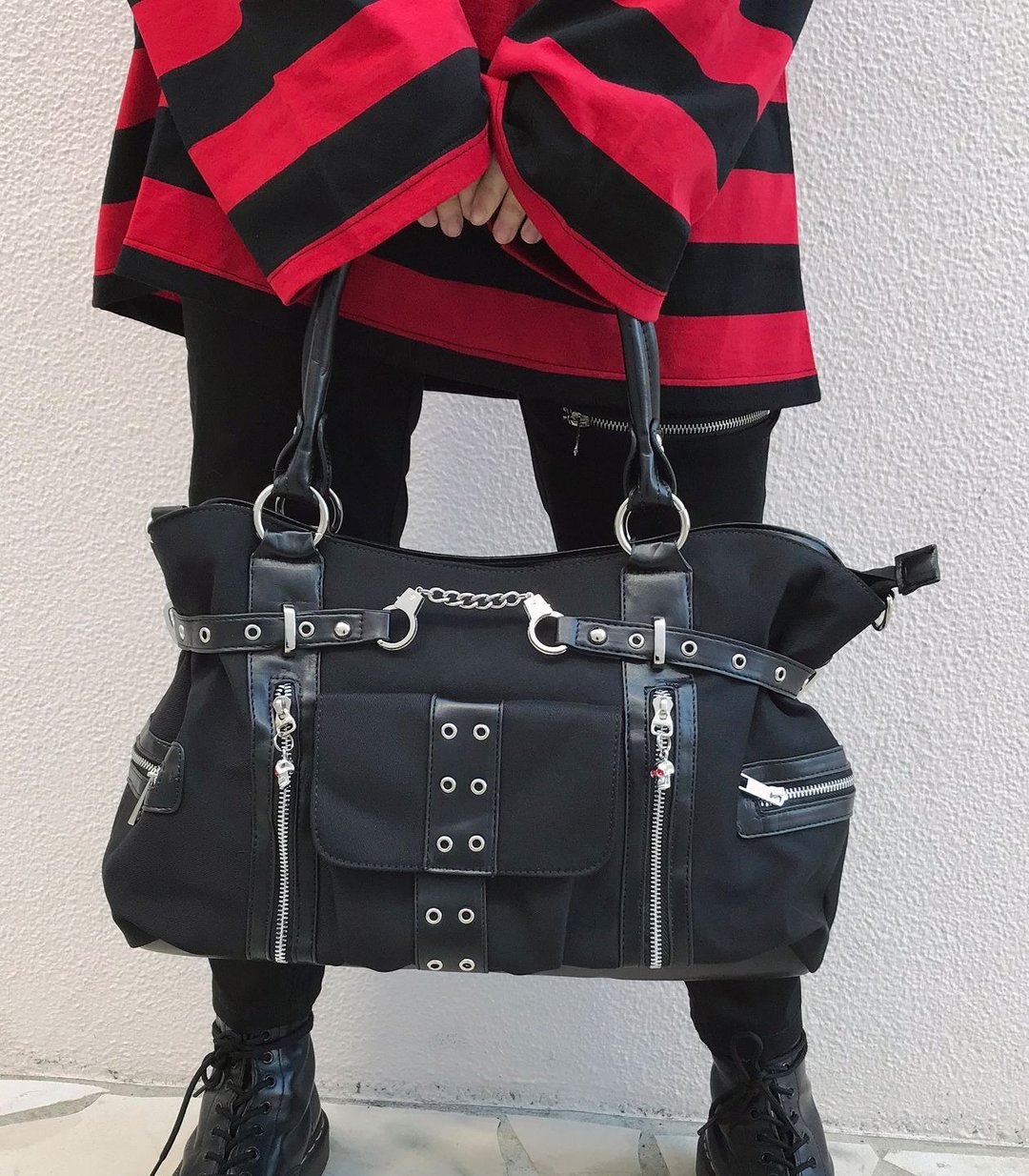 HANDCUFF 拉链包 / 黑色 / 黄色 / 格纹 / hellcatpunks / banned / bbn755 - 手提包/手提袋 - 聚酯纤维 黑色
