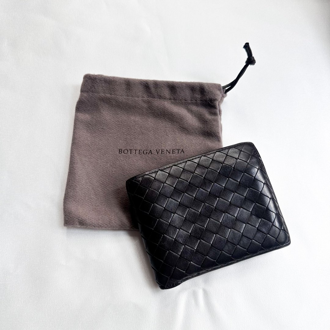 Vintage Bottega Veneta 经典深咖啡色编织短夹 - 皮夹/钱包 - 真皮 黑色