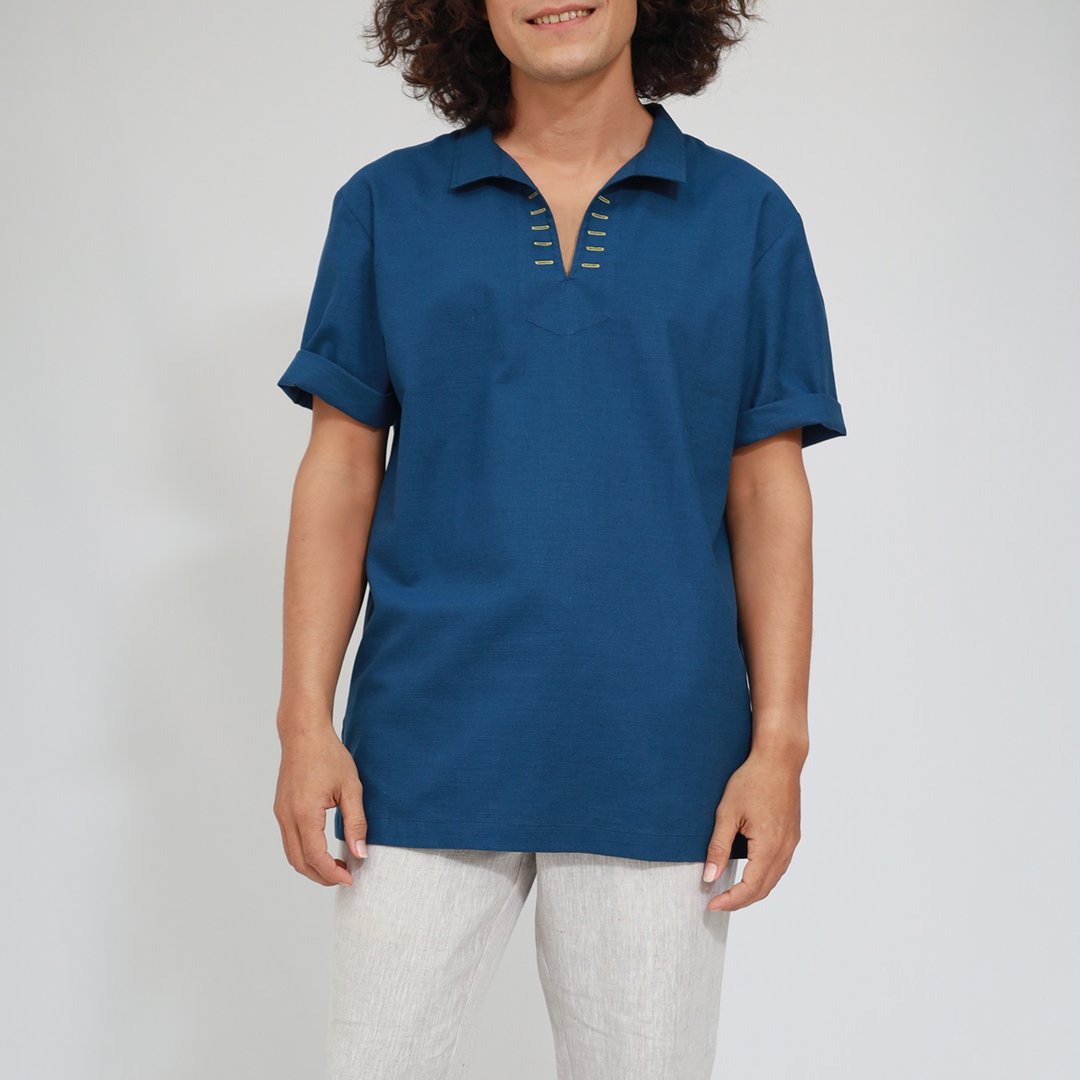 男士棉麻衬衫、短袖衬衫、夏季衬衫、蓝色、鹤纹 - 男装上衣/T 恤 - 棉 蓝色