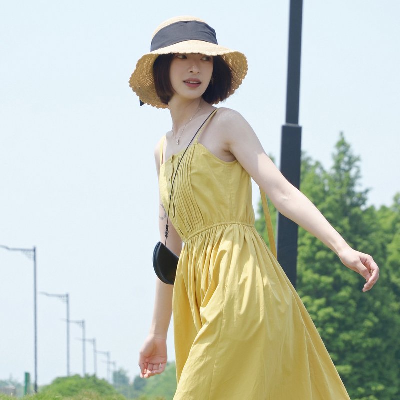 法式露肩吊带裙-芒果黄|裙子|夏款|棉|Sora-286 - 洋装/连衣裙 - 棉．麻 黄色