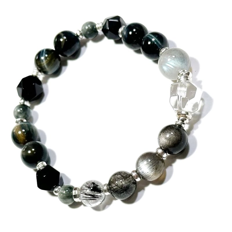 暗夜王者-蓝黄虎眼.黑曜岩.鹰眼石-纯银设计款 - 手链/手环 - 水晶 黑色