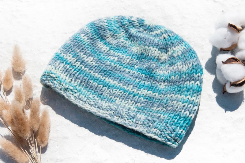 手工编织纯羊毛帽/编织帽/针织毛帽/内刷毛花朵毛帽/毛线帽-海洋 - 帽子 - 羊毛 蓝色