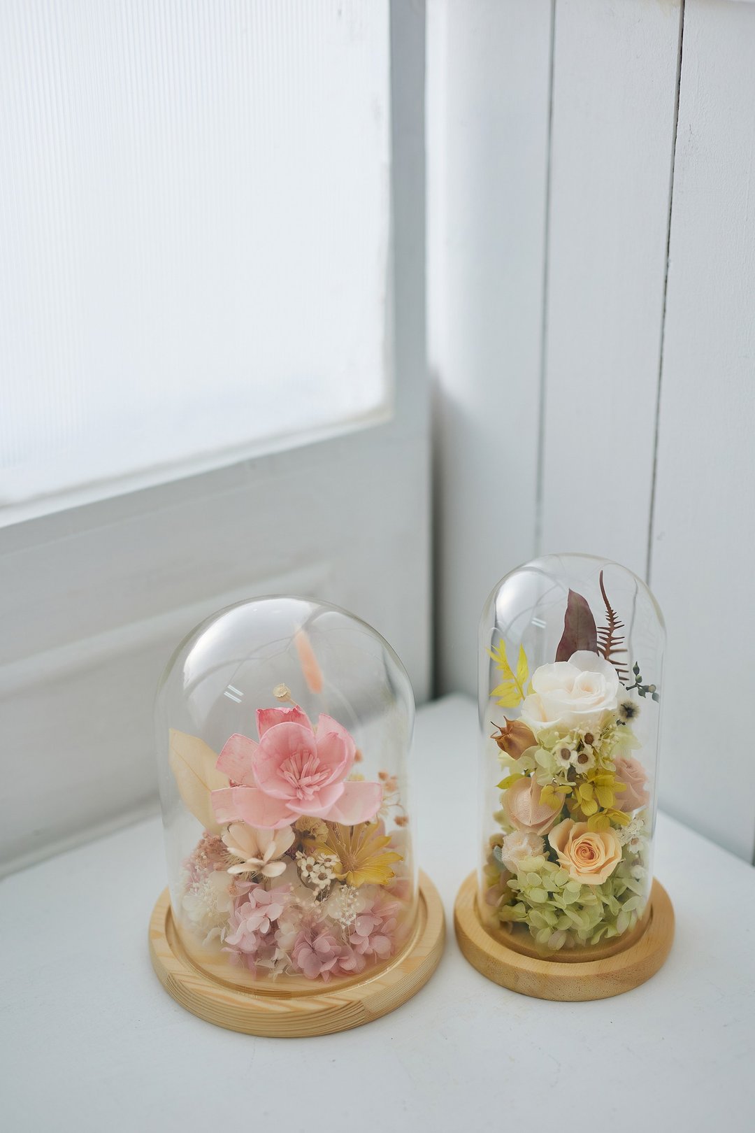 玻璃钟罩-粉红索拉花、黄绿色永生花 - 植栽 - 植物．花 粉红色