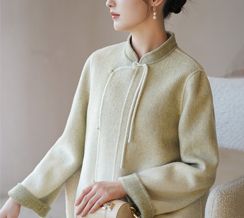 新中式 中国风双面呢套装盘扣唐装真丝羊毛外套 - 女装上衣 - 丝．绢 绿色