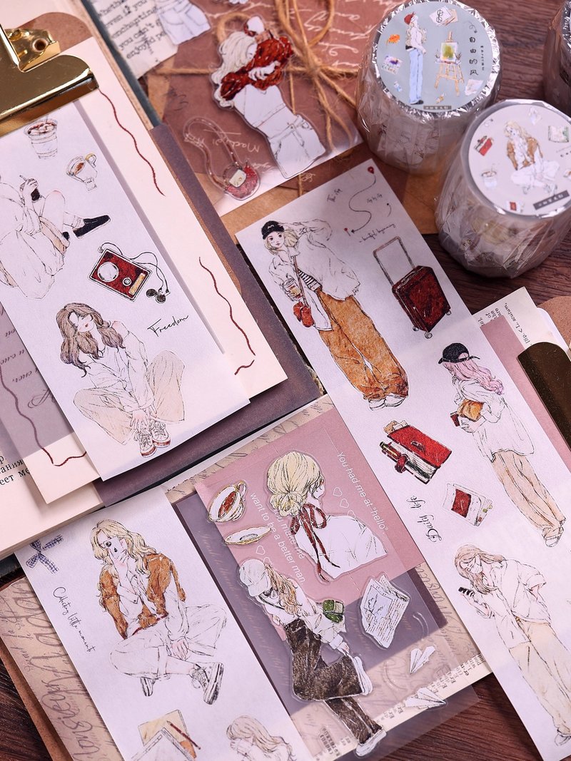 自由的风  轻复古盐系人物和纸PET 模切手帐 胶带拼贴 - 纸胶带 - 纸 卡其色