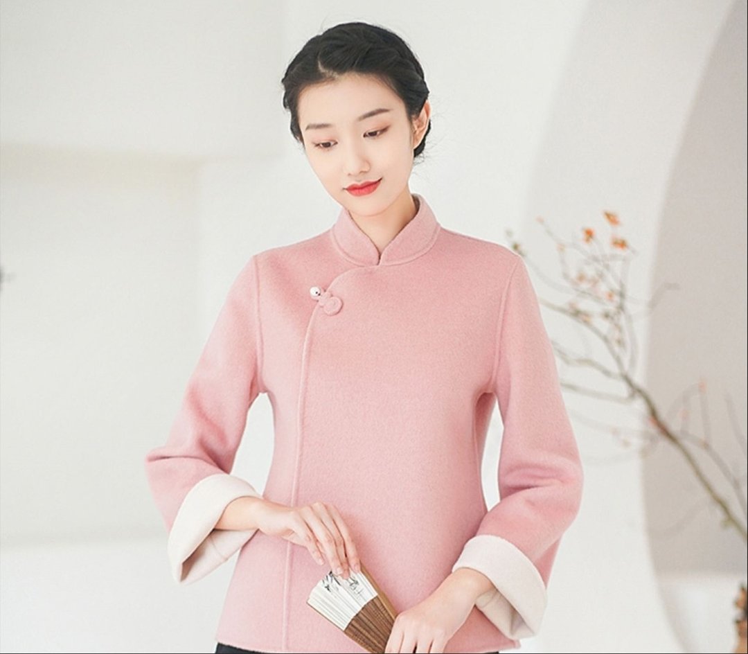 新中式  中国风女装盘扣旗袍唐装秋冬粉色羊毛双面呢短款外套 - 女装上衣 - 羊毛 粉红色