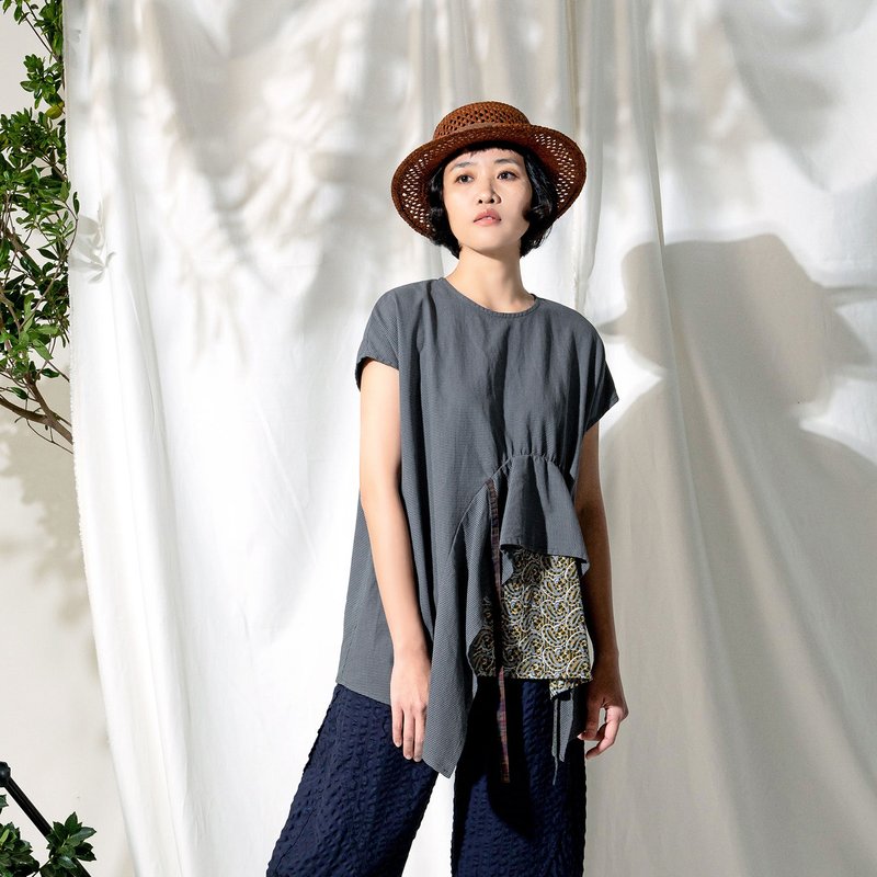 波浪印花拼接不对称上衣 - 女装上衣 - 棉．麻 蓝色