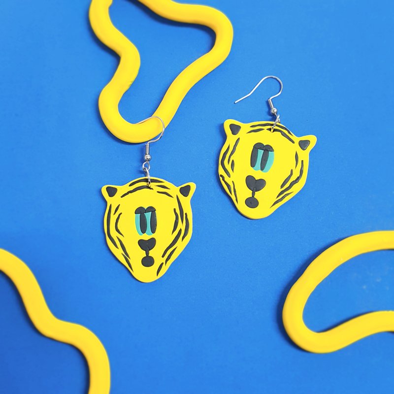 ㄎㄧㄤ系列 耳环 - 虎虎 眼睛 互看 老虎 黄色 可爱  (可改耳夹) - 耳环/耳夹 - 其他材质 黄色