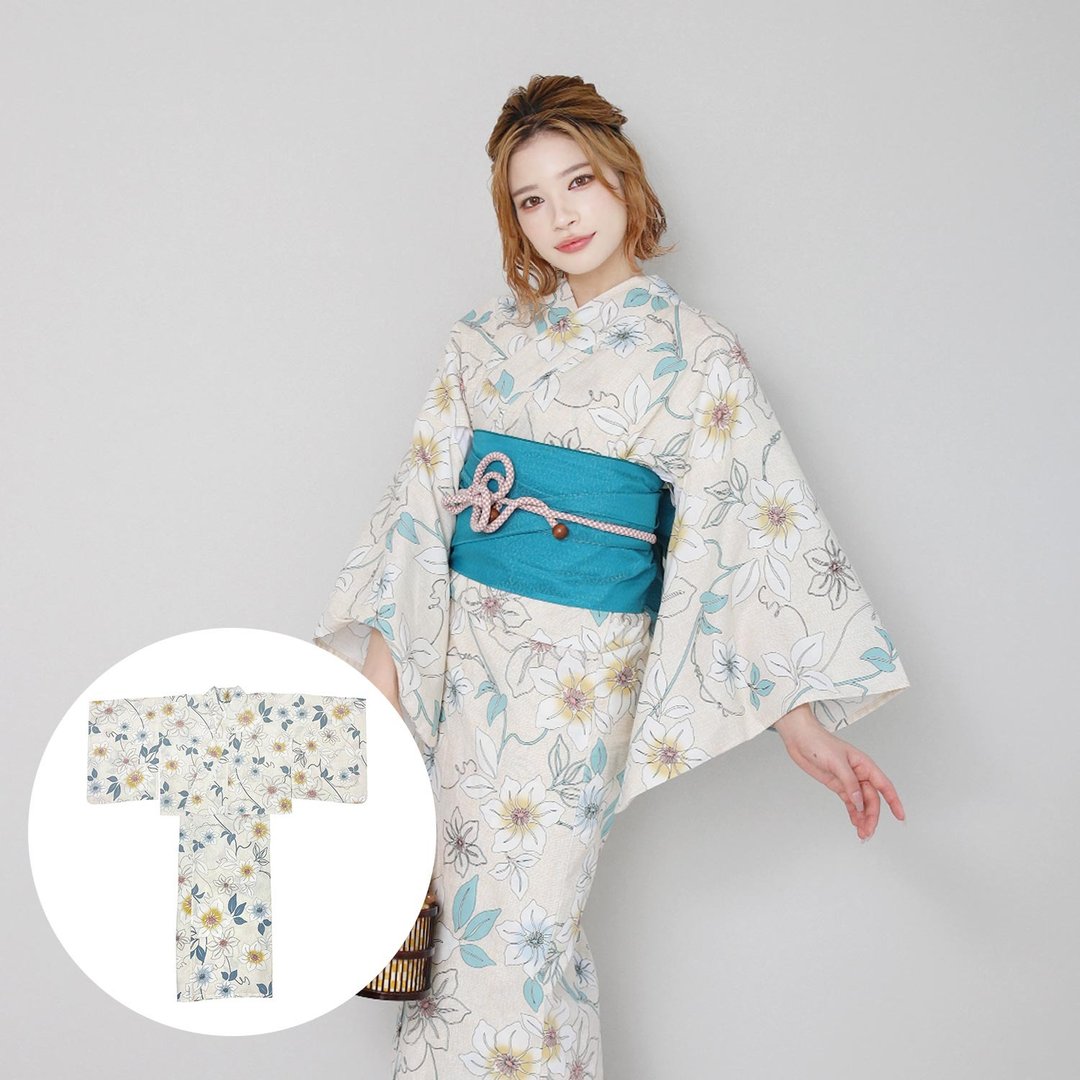 日本 和服 女性 两件式 浴衣 腰带 套组 F size x14h-23 - 其他 - 棉 白色