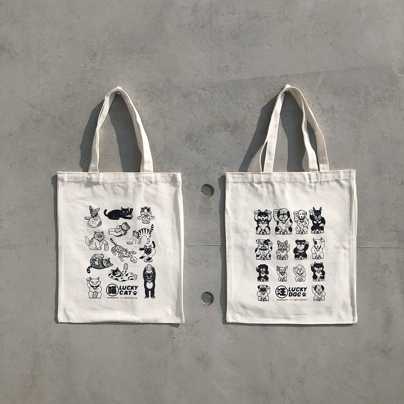 招财猫猫狗狗帆布袋 / A3尺寸 / 手工绢印 - 手提包/手提袋 - 棉．麻 