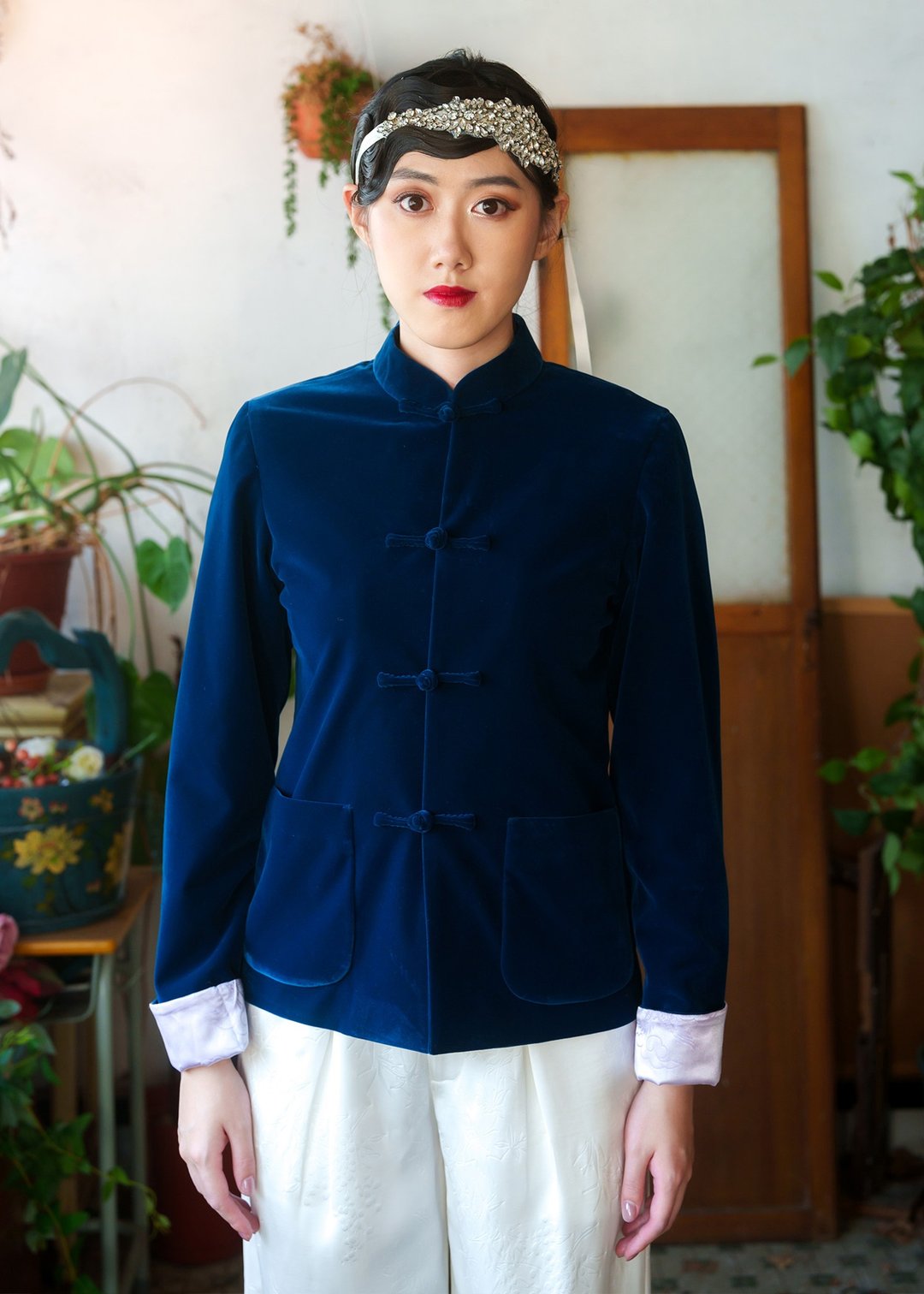 中式丝绒唐装外套(孔雀蓝/浅紫)|新年衣着|香港设计|小 - 女装西装外套/风衣 - 其他材质 蓝色