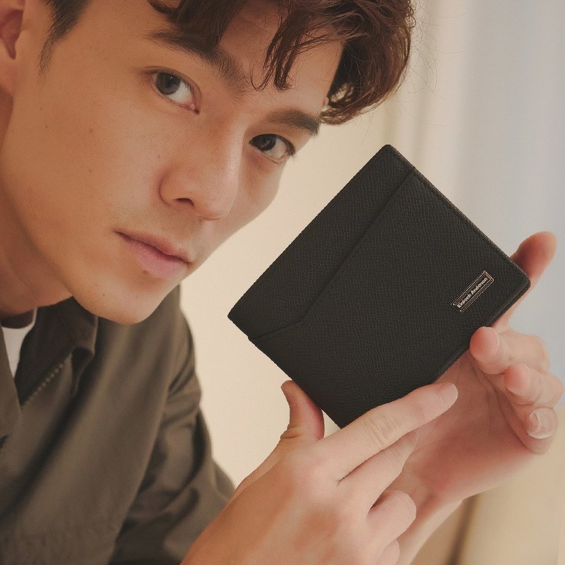 【金安德森】Beau斜切造型左右翻基本短夹-碳石黑 - 皮夹/钱包 - 真皮 黑色