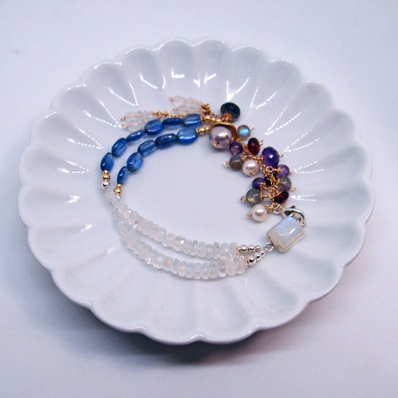 月宫之舞--天然石 宝石 14KGF 925银 月光石 蓝晶石 红石榴石等双色特制手链 - 手链/手环 - 宝石 多色
