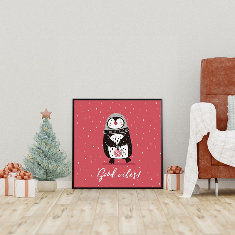企鹅－Good vibes-方形挂画/家居布置/圣诞礼物/北欧/复制画 - 海报/装饰画/版画 - 棉．麻 红色