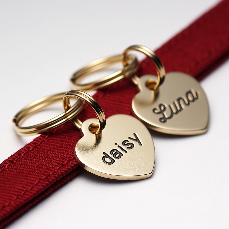 迷失猫牌 - 心型 - [黄铜/黄铜] 猫名牌、铭牌、姓名牌、电话号码、双面雕刻、吊饰、钥匙圈 - 其他 - 铜/黄铜 金色