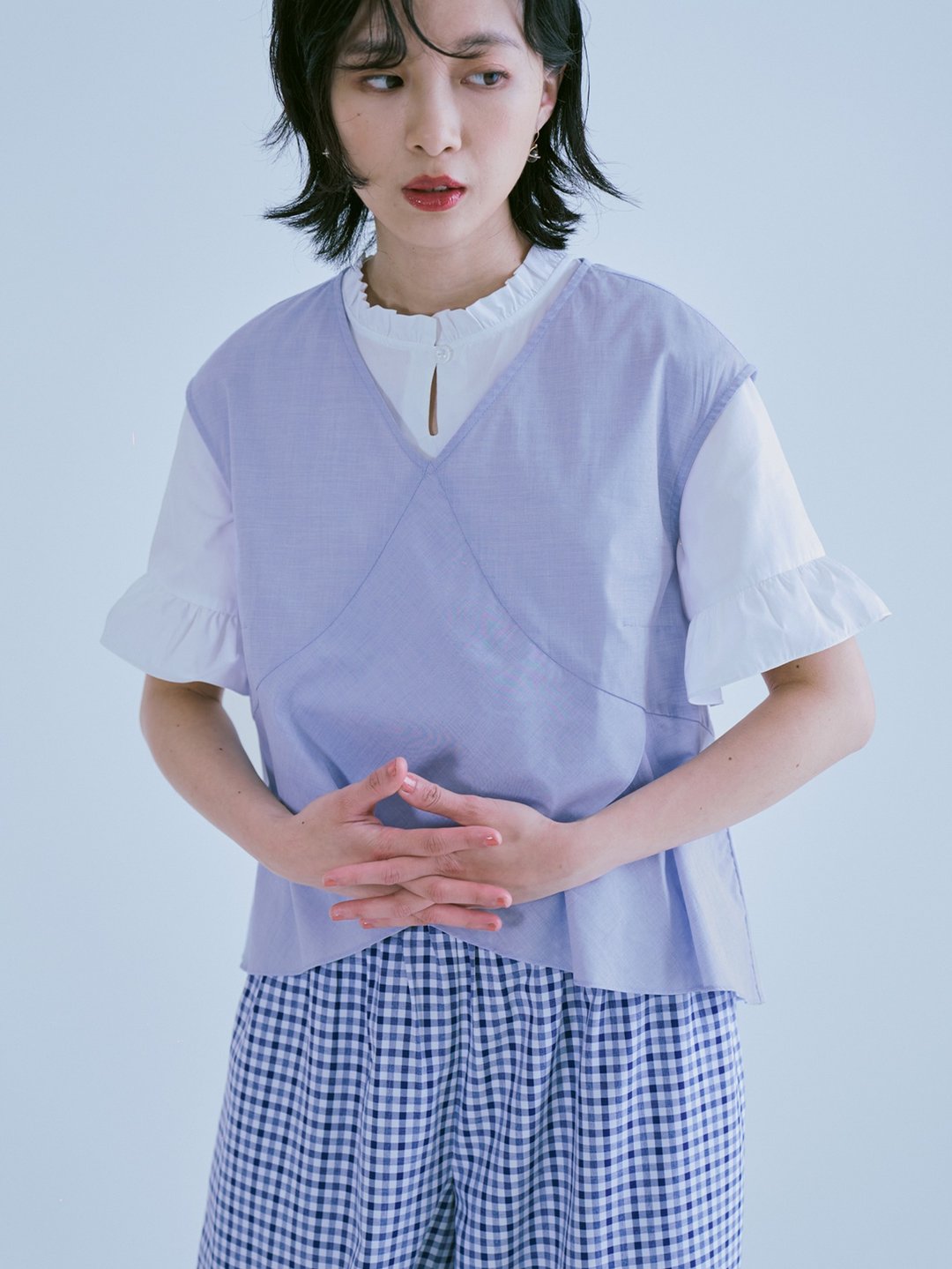 里叶双层弧摆背心-蓝藤 - 女装背心 - 棉 蓝色