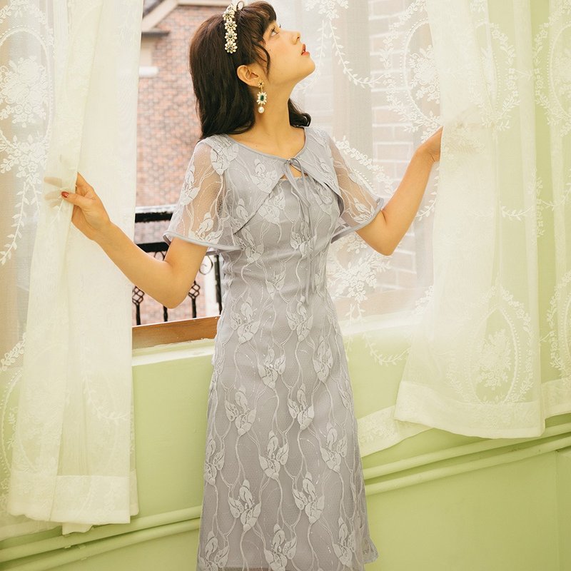 新款洋装日系领口系带甜美风格蕾丝连身裙 - 洋装/连衣裙 - 其他材质 银色