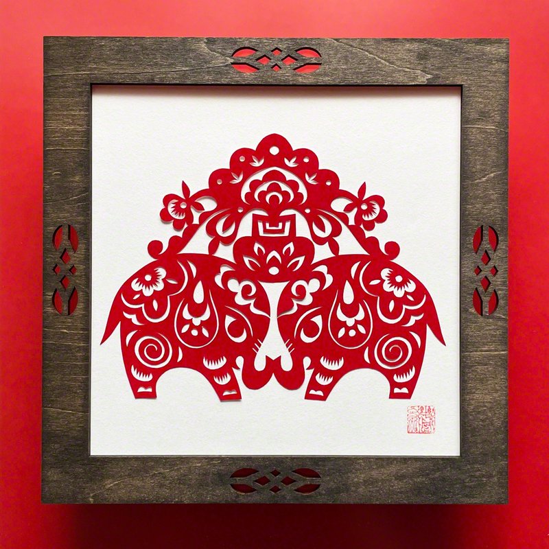 Made-to-order with wooden frame Kirigami Elephant Update - 海报/装饰画/版画 - 纸 红色