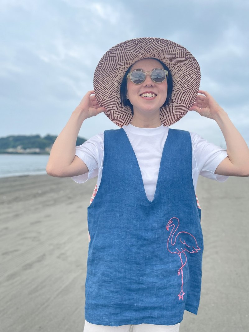 日本制 蓝染 手染 火鹤 Flamingo 背心 Aizome 手工刺绣 棉麻 embroidery - 女装上衣 - 棉 蓝色