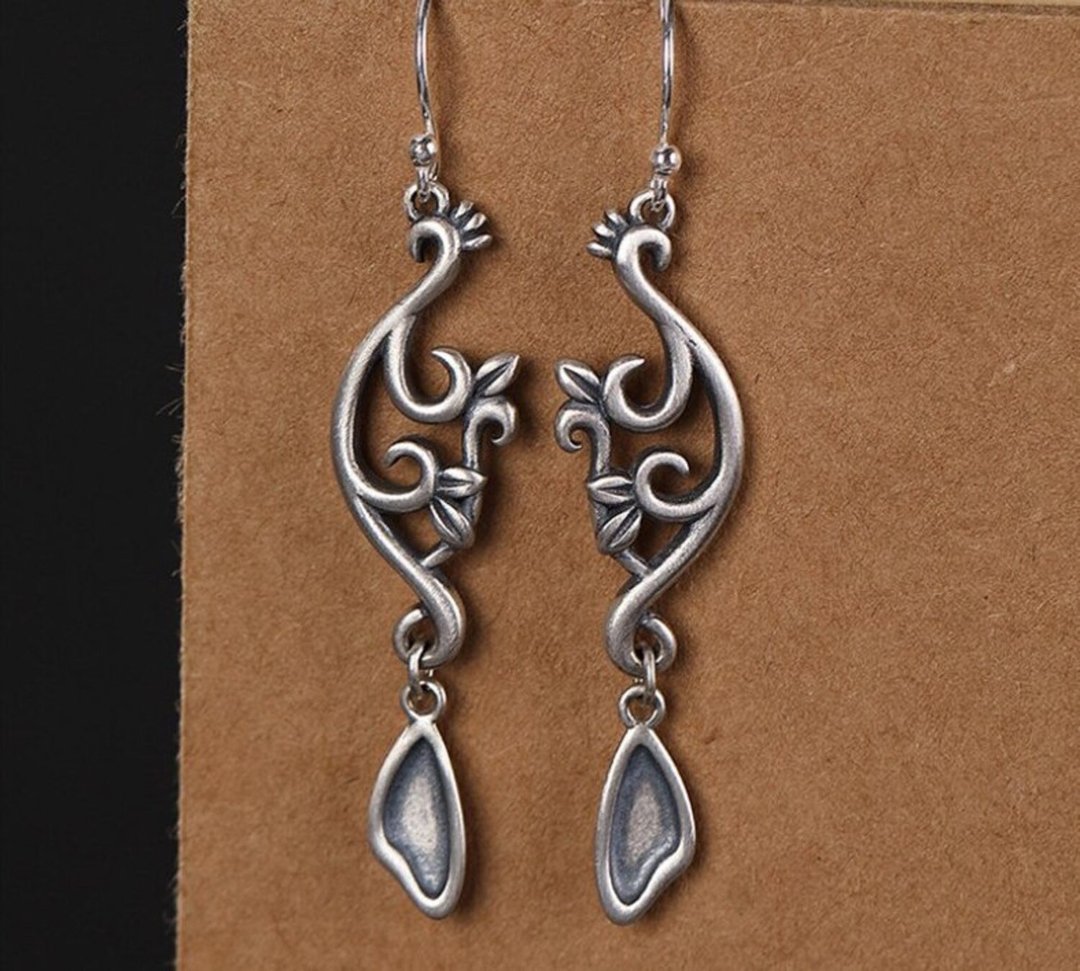 Abstract Peacock Phoenix Ethnic Vintage Earrings for Women Thai 925 Silver - 耳环/耳夹 - 纯银 银色