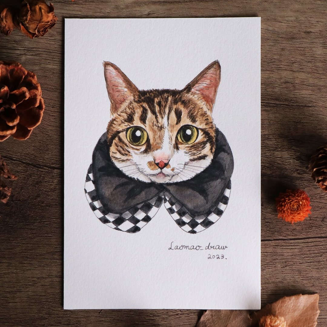 水彩插画原画稿 猫咪头像 4X6 6寸 1009 白底虎斑猫与小丑领 - 海报/装饰画/版画 - 纸 