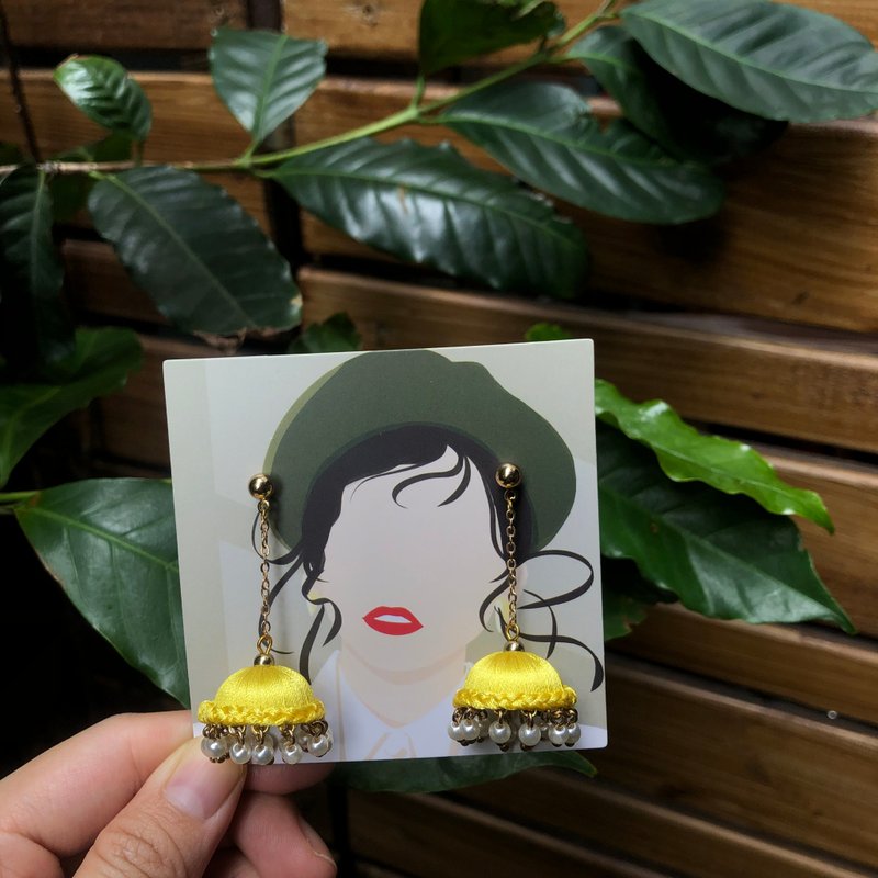 手工绣线印度钟型耳环 鲜黄 Jhumka  / 各色可定制化 - 耳环/耳夹 - 绣线 黄色
