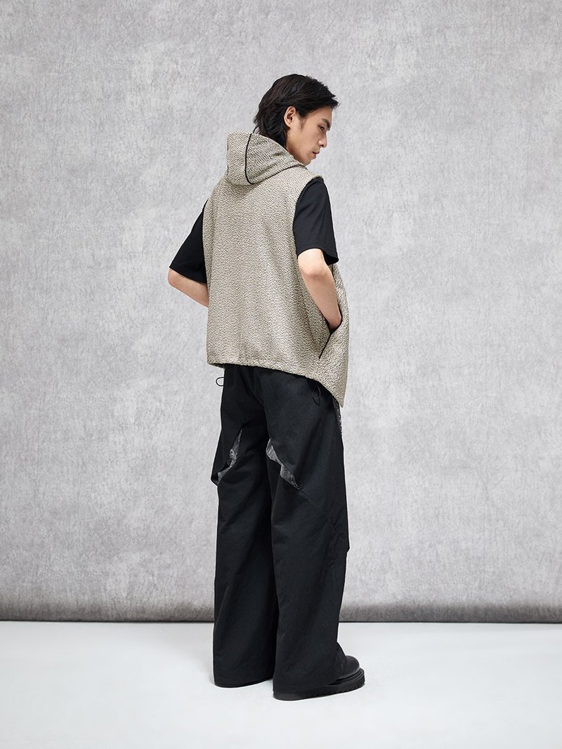 【皎月】剑痕拼色/掠影结构阔腿长裤 - 中性裤装 - 聚酯纤维 黑色