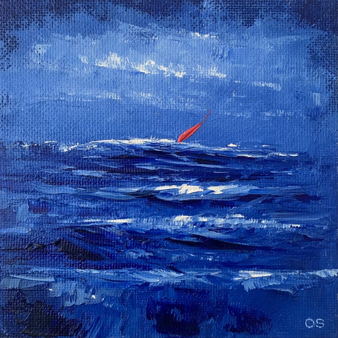 Original Blue Landscape Seascape Artwork Red Sailboat Oil Painting Impasro Art - 墙贴/壁贴 - 棉 蓝色