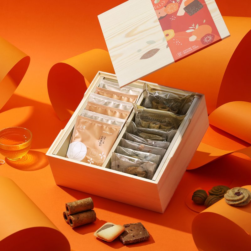 茶点礼盒 | 松木精装 茶饼x茶包13入 铁观音蛋卷&包种恋人饼 - 手工饼干 - 木头 多色