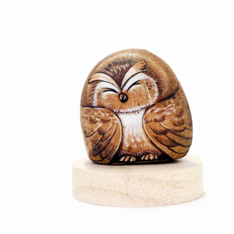 Owl Sleep Stone Painting Art For Gifts. - 玩偶/公仔 - 石头 咖啡色