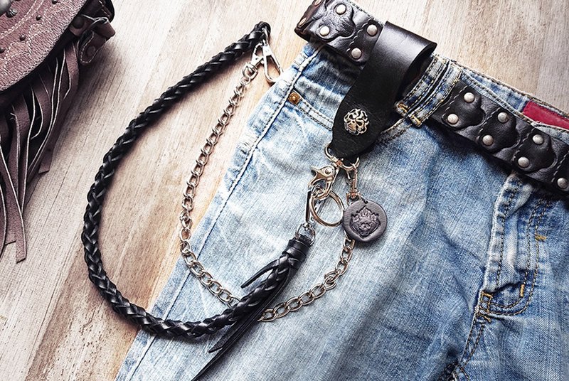 重机真皮腰链-钥匙扣 皮革圆标( 火焰骷髅 )专属自己的图腾 - 钥匙链/钥匙包 - 真皮 