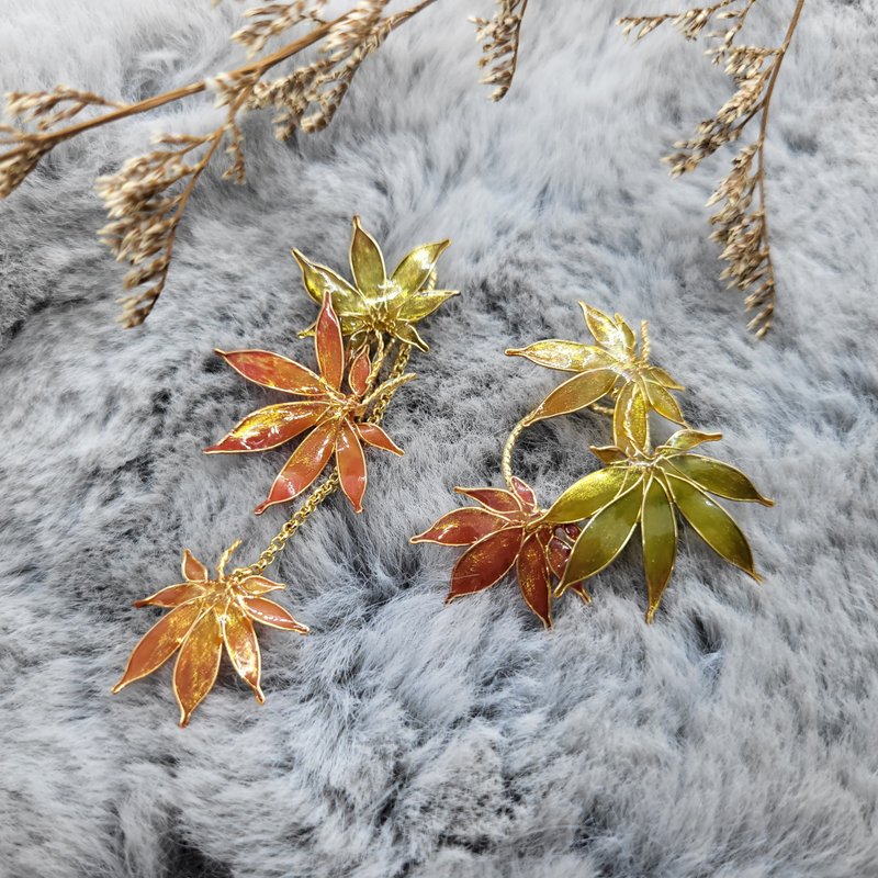 【枫枫相连到天边】 水晶花耳夹耳环 - 耳环/耳夹 - 树脂 橘色