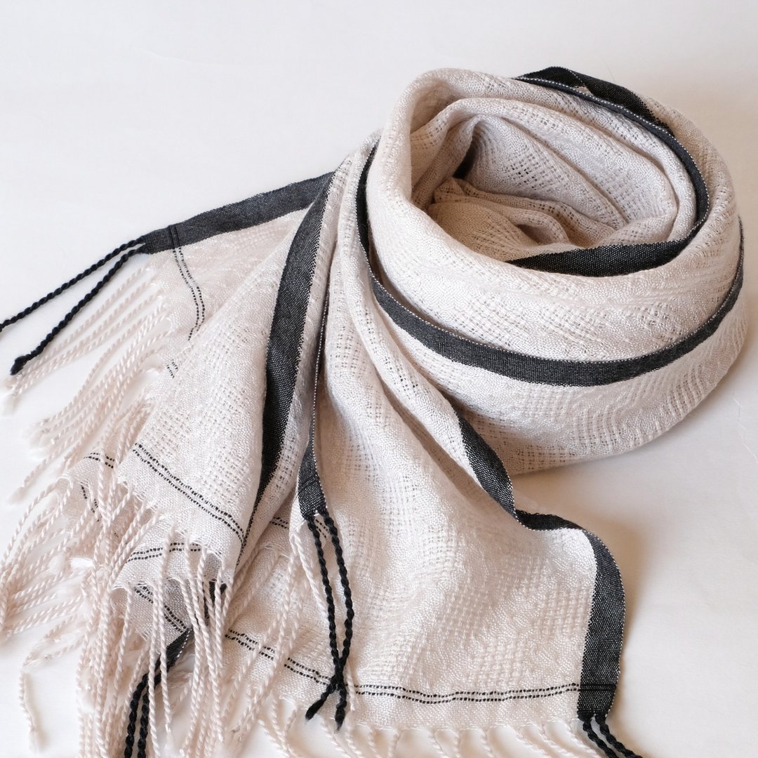 Cashmere 手工喀什米尔羊绒丝绸围巾【绫叶 03】 - 围巾/披肩 - 羊毛 白色