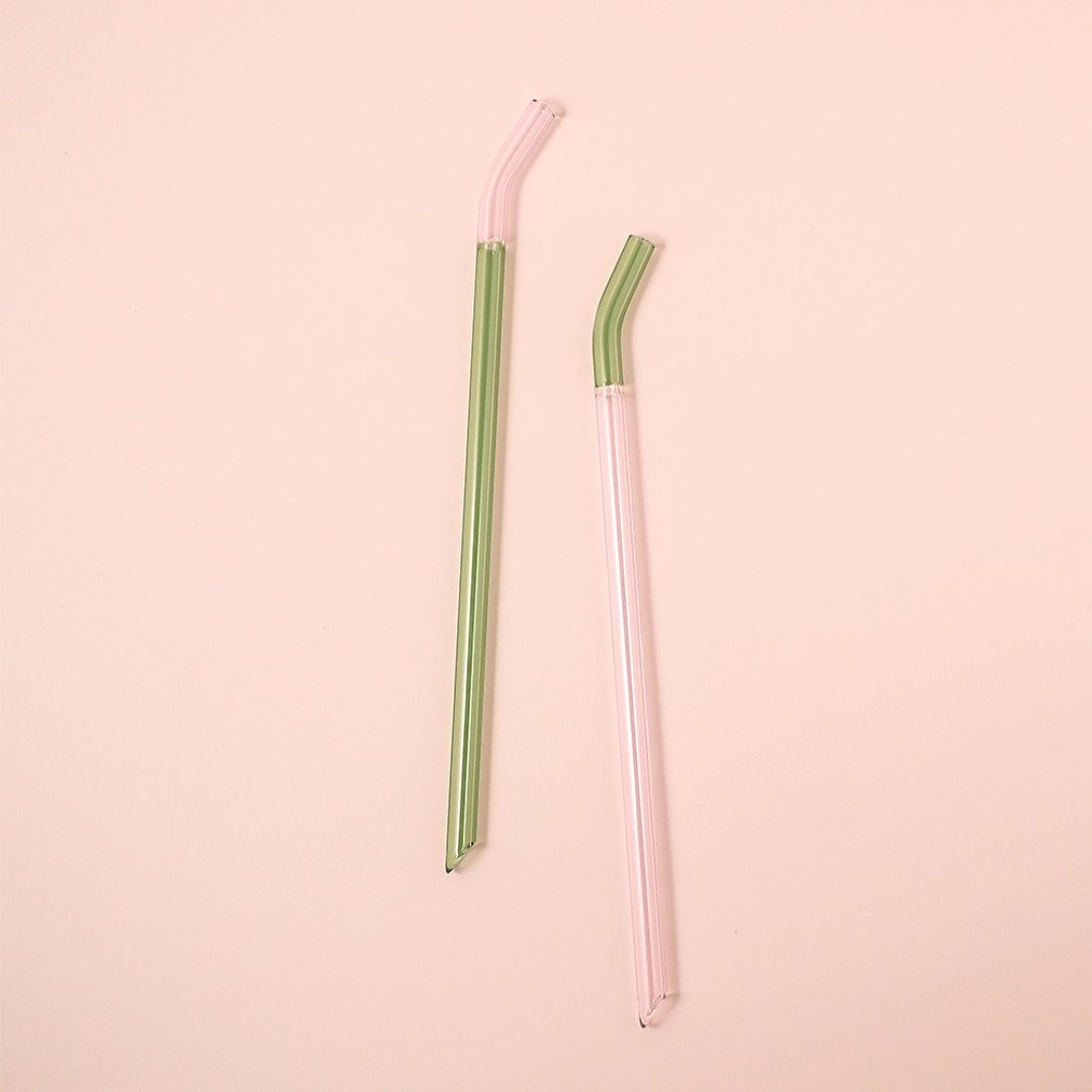 好玻 GOODGLAS | 双色吸管单入组-粉&绿/弯口款 - 环保吸管 - 玻璃 透明