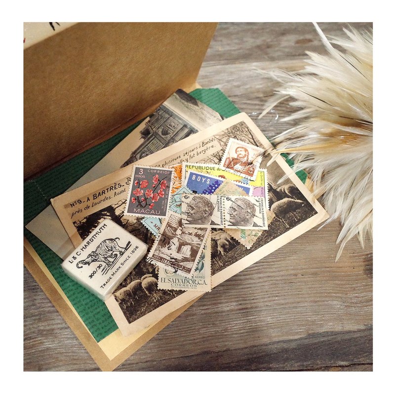 古董纸+老邮票+西班牙老明信片+标签+大象橡皮擦+鸡婆笔.手帐素材 - 卡片/明信片 - 其他材质 