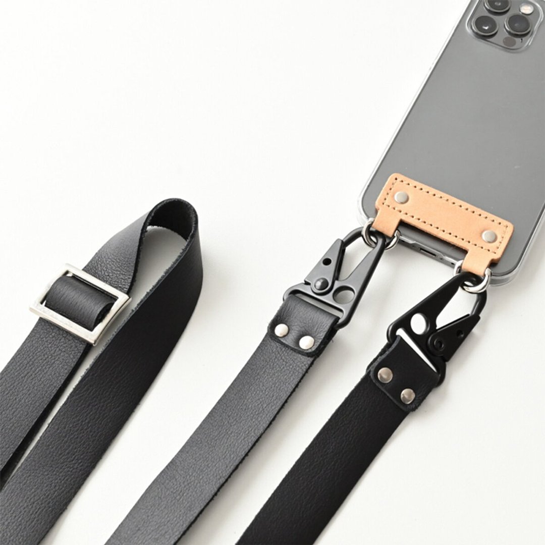 Compatible with all models Android compatible Smartphone case with strap Leather tag [Kinari x Soft] Men's Smartphone shoulder set Outdoor CG02M - 手机壳/手机套 - 真皮 黑色