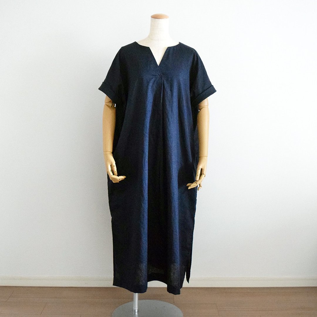 Half Linen simple keyhole neck maxi dress navy made-to-order - 洋装/连衣裙 - 棉 蓝色