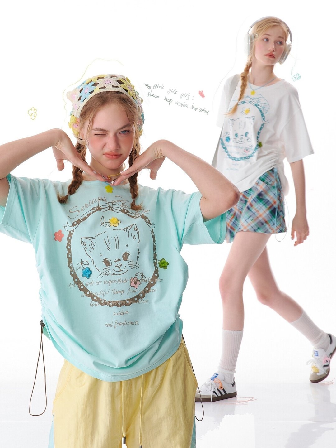 ziziFei夏季美式宽松上衣设计感抽绳上衣圆领猫咪印花短袖T恤女 - 女装 T 恤 - 其他材质 