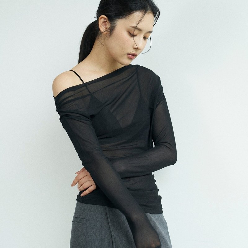 长袖透肌上衣系列 | 薄纱长袖上衣 网纱垂坠上衣 微领抽绉上衣 - 女装上衣 - 棉．麻 黑色