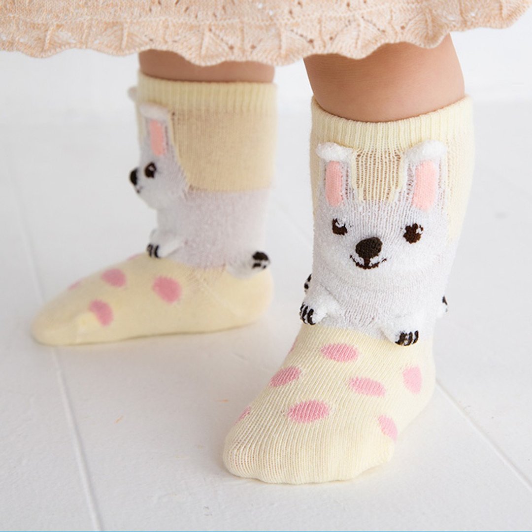 1212255 Animal Solid Socks Rabbit Pop-up Socks Made in Japan Yellow XS 9-12cm S 13-16cm - 婴儿袜子 - 棉 黄色
