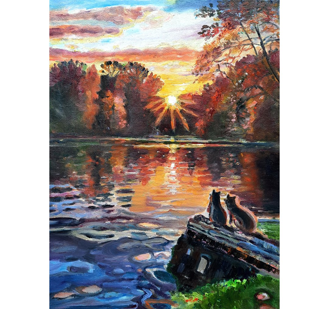 日落绘画原创艺术自然艺术品油画布面油画 - 墙贴/壁贴 - 其他材质 绿色