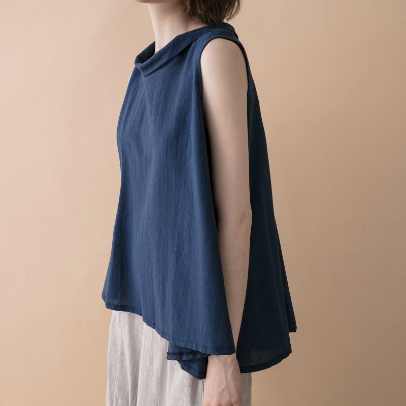 立领前短后长背心 - 蓝 - 女装背心 - 棉．麻 蓝色