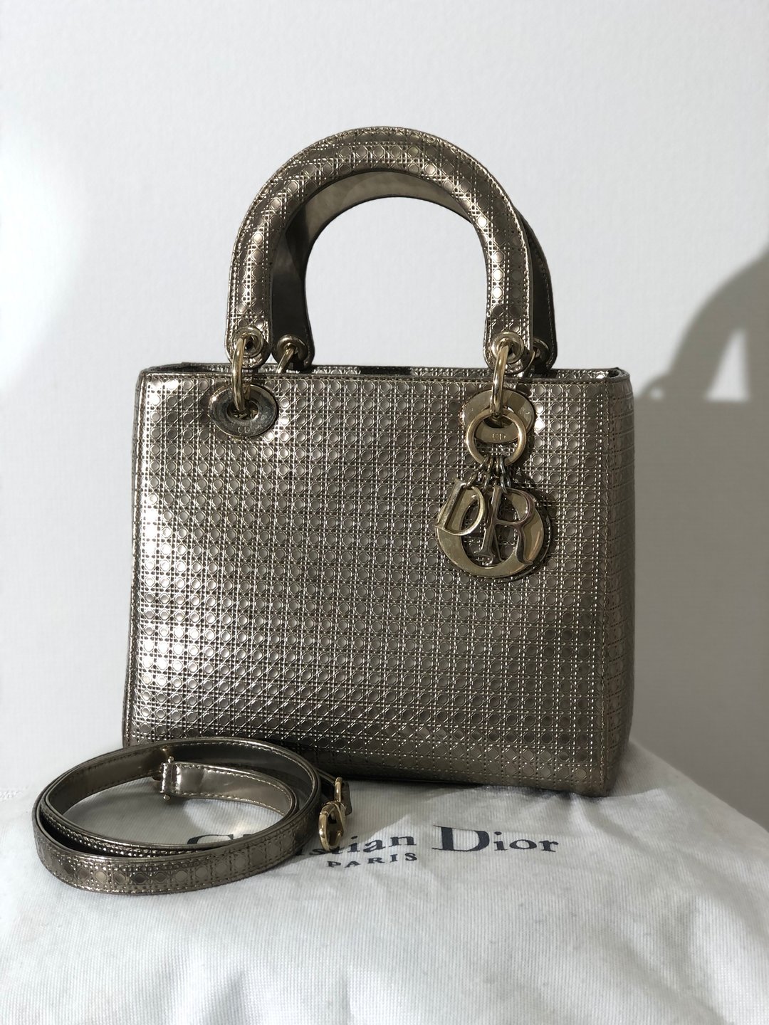 【日本直送，名牌二手包装】Christian Dior Dior 中 Micro Cannage 皮革 2WAY 单肩包铜dhuimx - 侧背包/斜挎包 - 其他材质 银色