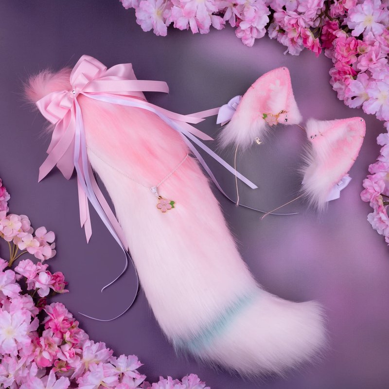 樱花狐狸耳朵与尾巴套组 - 发饰 - 其他人造纤维 粉红色