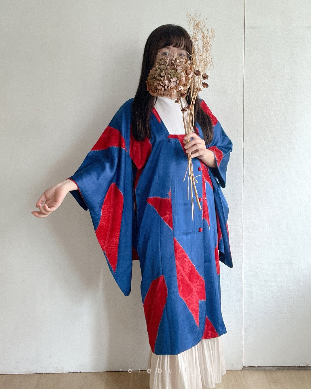 日本制古着羽织长版和服外套蓝色和风织纹印花薄款 - 女装休闲/机能外套 - 丝．绢 蓝色