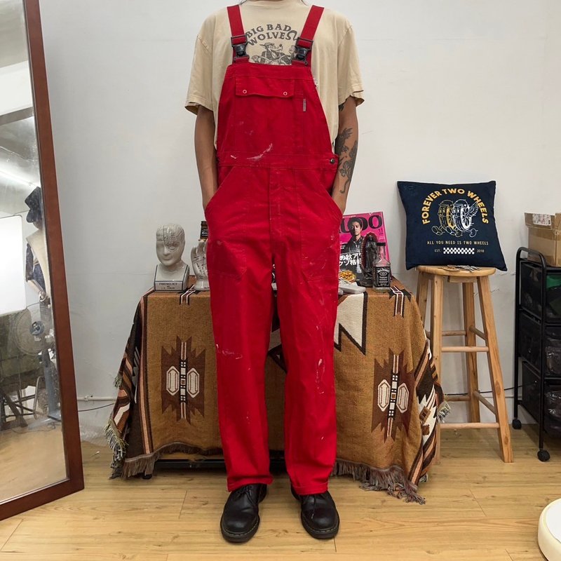 HAVER 水洗 油漆 红色 工作裤 吊带裤 古着 overalls 二手 - 男士长裤 - 棉．麻 红色
