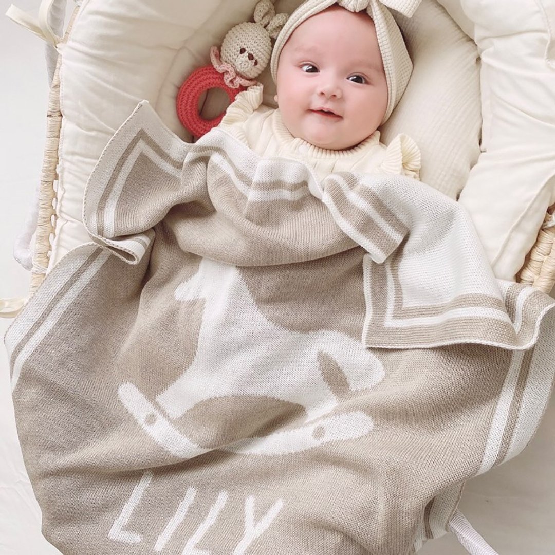 Personalized Blanket/Wooden Horse [Name/Birthday] Baby Gift Personalized Gift 60x80cm - 满月礼盒 - 其他材质 多色