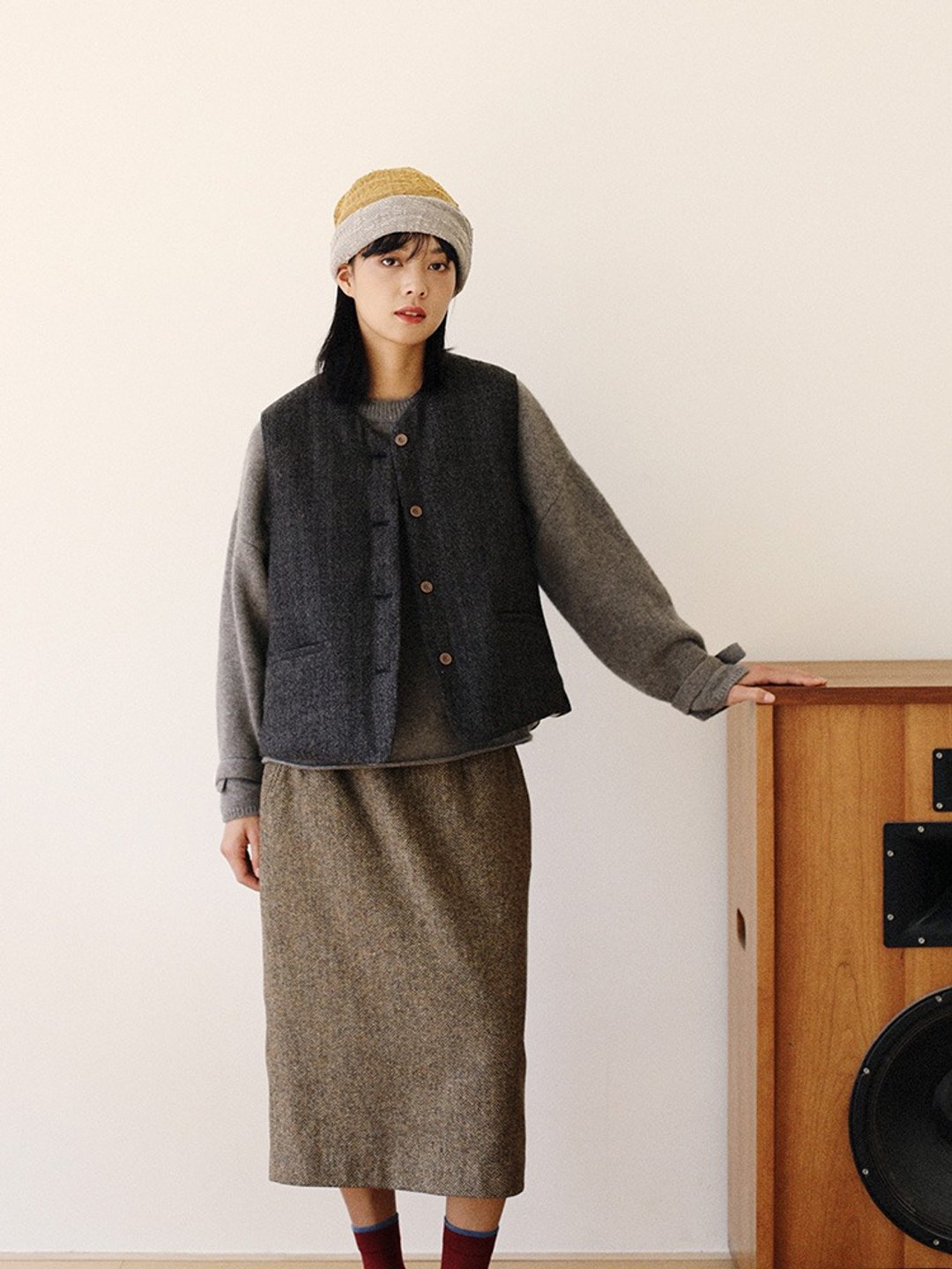 KOOW 新雪丽夹棉小马甲 日本棉羊毛人字纹复古背心 - 女装背心 - 羊毛 