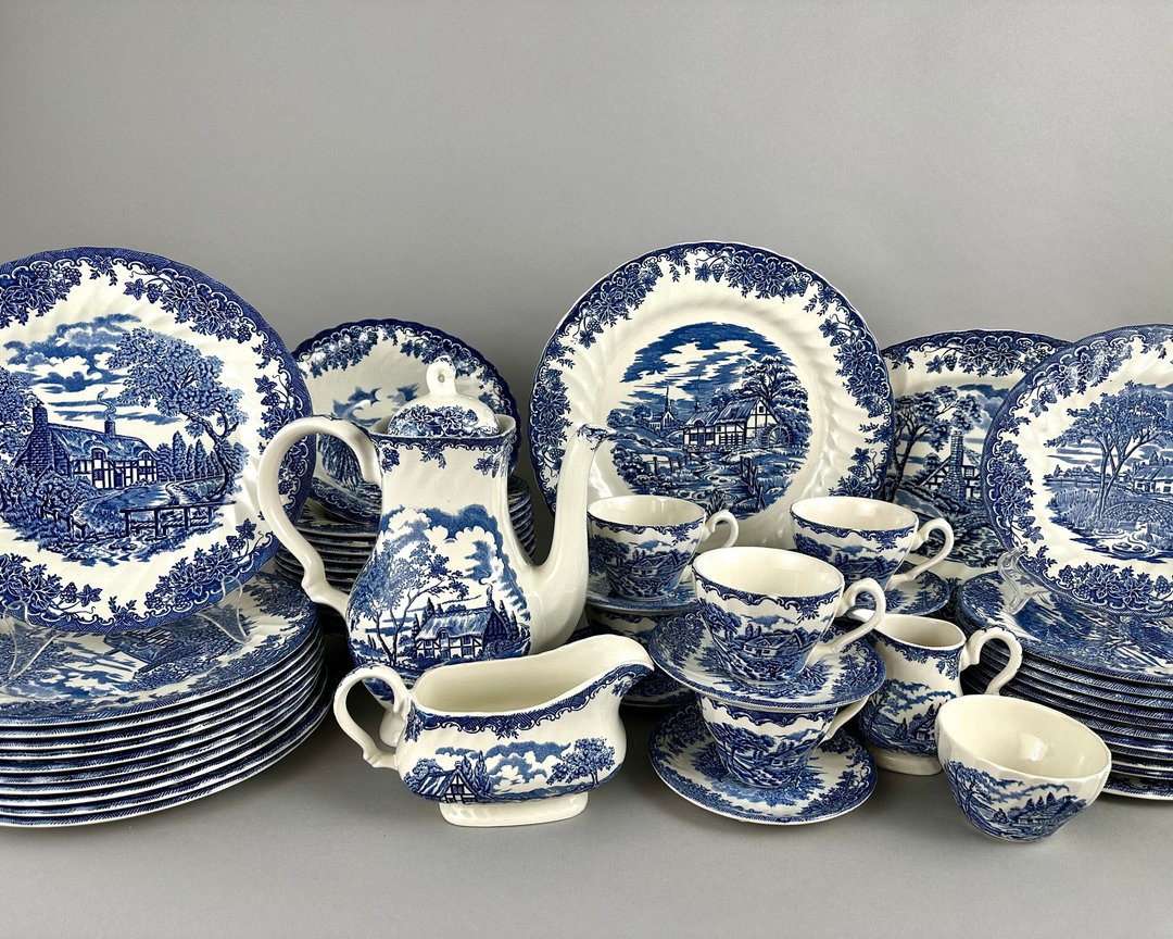 复古 Myott The Brook 蓝色斯塔福德郡英格兰餐具套装 - 咖啡壶/周边 - 瓷 蓝色
